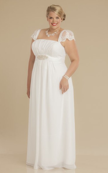 Chiffon Cap-sleeve Empire plus size Wedding Dress With Ruching