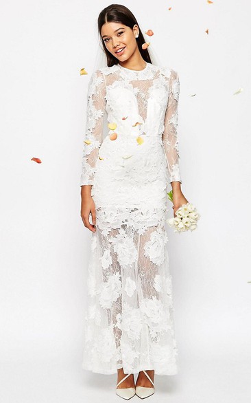 Sheath High Neck Long-Sleeve Lace Wedding Dress With Illusion