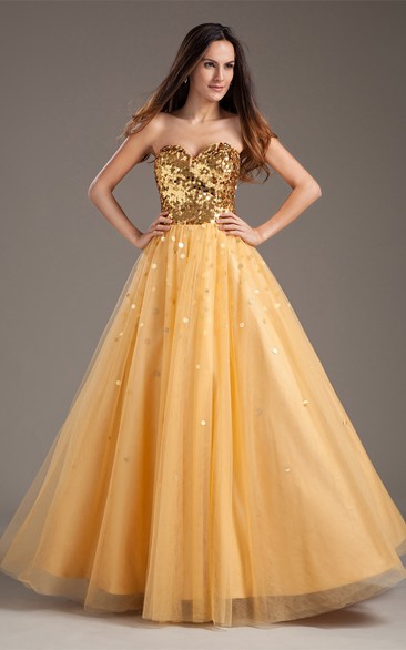 Sweetheart Sequined Top Pleated Strapless A-Line Ball Gown