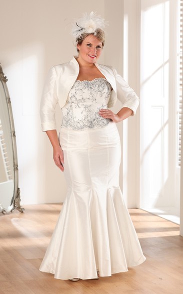 Strapless Satin Long Trumpet Appliqued 3-4-Sleeve Gown