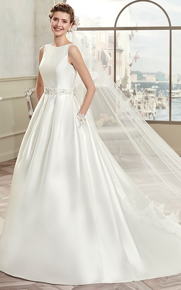 Jewel-Neck Sleeveless A-line Satin Wedding Dress With Embellished Waist