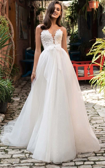 Romantic Sweetheart A Line Ball Gown Lace Tulle Court Train Wedding Dress with Appliques and Bow