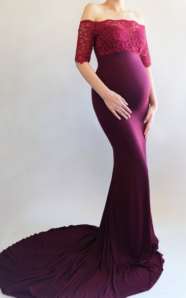 Off-the-shoulder Half Sleeve Lace Ruched Ruffled Maternity Dress