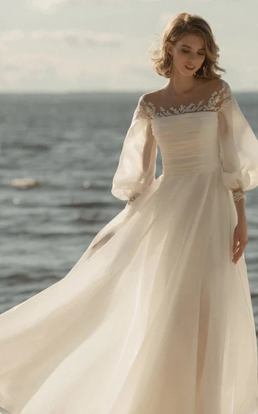 Cute Puff-long-sleeve Empire Ruched Chiffon Destination Wedding Dress