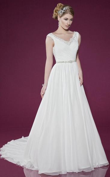A-line V-neck Sleeveless Floor-length Chiffon Wedding Dress with Illusion and Beading