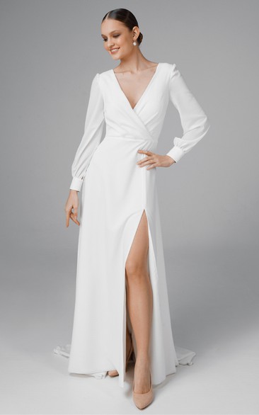 Casual Chiffon A Line V-neck Sweep Train Wedding Dress with Split Front