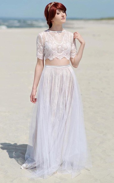 boho Jewel-Neck Short Sleeve Lace Tulle Two Piece Wedding Dress