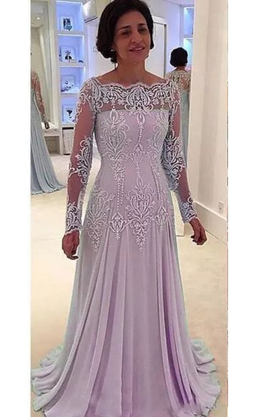 A-line Long Sleeve Floor-length Bateau Chiffon Lace Mother of the Bride Dress with Zipper Back