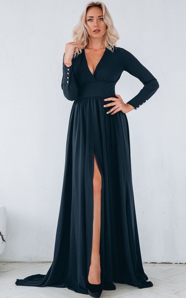 Modest A Line V-neck Jersey Sweep Train Evening Dress with Ruching