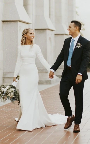 Minimist Satin Long Sleeve Modest Bateau Neck Wedding Gown