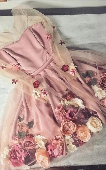 Blush Long Sleeve Short Homecoming Floral Prom Dress
