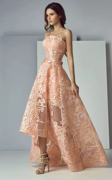 Coral High-low Strapless Formal Lace Applique Evening Dress
