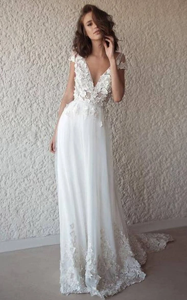 Cap Deep-v Back Simple Sheath Lace Applique Tulle Wedding Dress