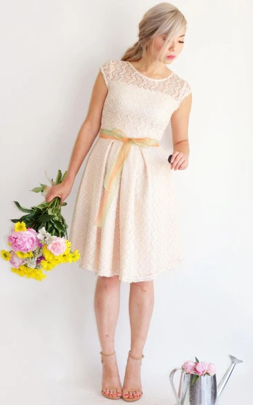 Jewel-Neck Lace Cap-sleeve Knee-length Dress With bow 