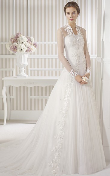 modest Illusion Long Sleeve Tulle Wedding Dress With Ruching And Appliques