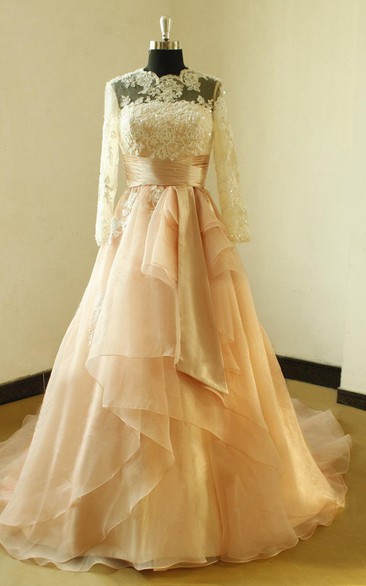 Jewel-Neck Long Sleeve draped Wedding Dress With Corset Back And Sweep Train