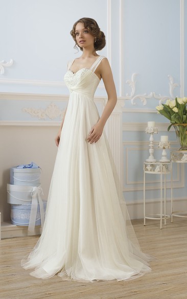 Sleeveless Appliqued Pleats Floor-Length A-Line Tulle Dress