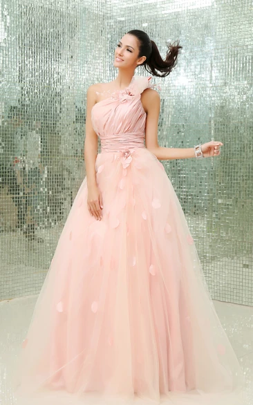 Asymmetrical Soft Tulle One-Shoulder Floral A-Line Ball Gown