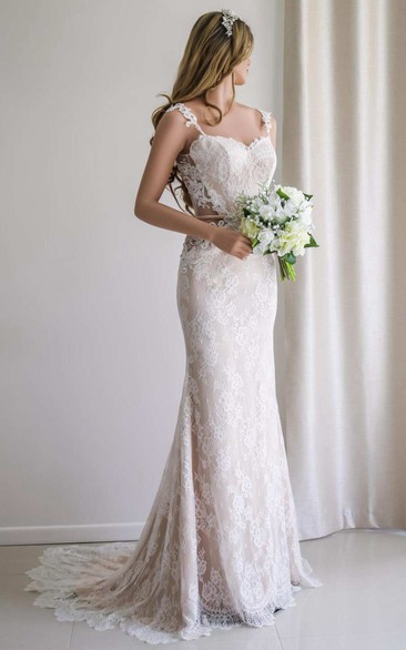 Illusion Sleeve Satin Lace Backless Wedding Dress