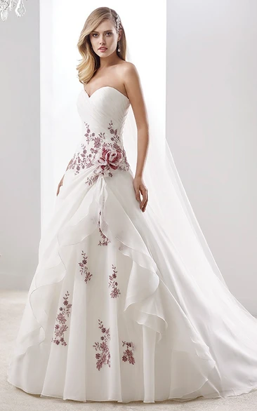 A-line Sweetheart Sleeveless Floor-length Organza Wedding Dress with Corset Back and Flowers