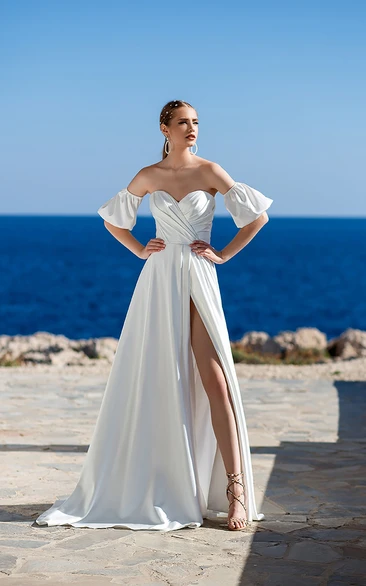 Sweetheart Off-the-shoulder Satin Corset Wedding Dress with Split
