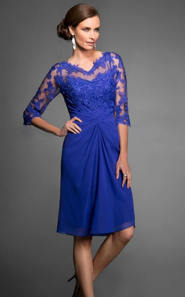 V-neck Illusion Half Sleeve Knee-length Dress With Appliques And central Ruching