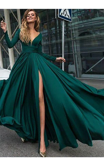 V-neck Satin Long Sleeve Sweep Brush Train Pleats Ruching Split Front Dress