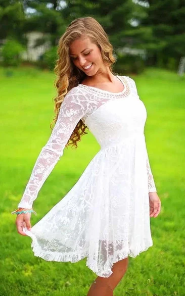 Classic Simple Long Sleeves Lace Beach Knee-Length Wedding Dress with Beadings