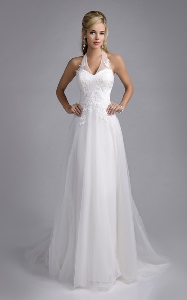 Haltered Sleeveless Tulle Floor-length Backless Wedding Dress With Appliques