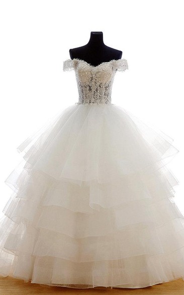 Layered Skirt Beaded Bodice Tulle Off-The-Shoulder Ball Gown