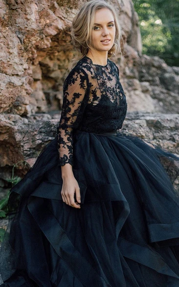 Black Jewel Neck Ball Gown Long Sleeve Tulle Wedding Dress with Lace Top