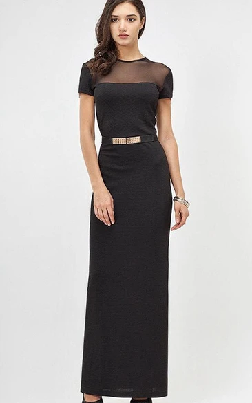 Jersey Beaded Belt Short-Sleeve Jewel-Neckline Dress
