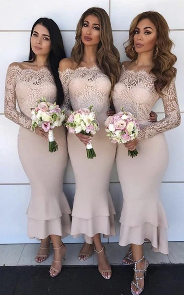 Scalloped Off-the-shoulder Satin Lace Long Sleeve Ankle-length Mermaid Bridesmaid Dress