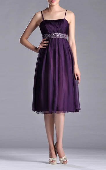 Chiffon Jeweled Belt A-Line Spaghetti Midi-Length Dress