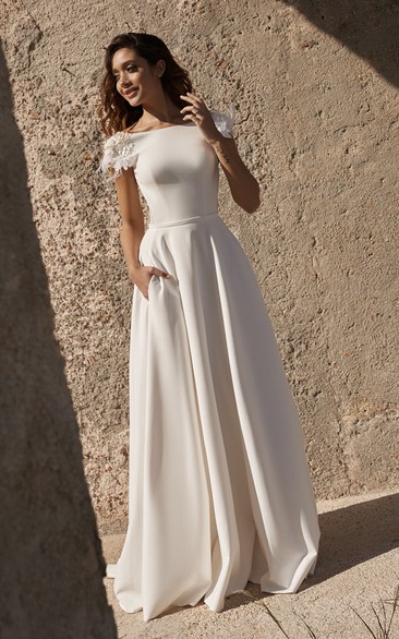 bateau Short Sleeve Satin Wedding Dress With Flower Details And Straps Deep V-back Back