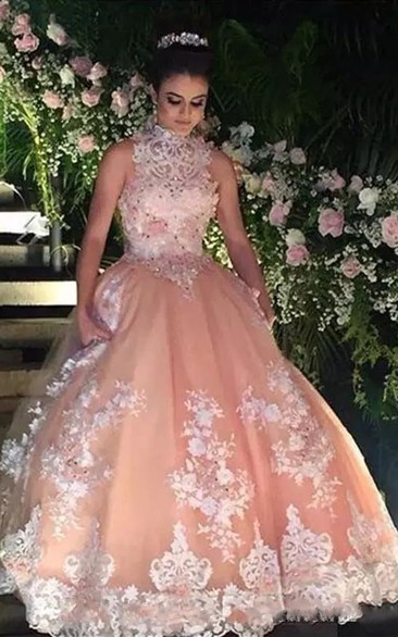 Ball Gown Sleeveless Floor-length High Neck Lace Tulle Prom Dress with Zipper Back