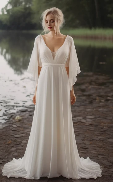 V-neck Poet Sleeve Pleated Chiffon Empire Fairy Wedding Dress
