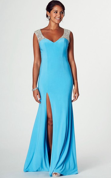 Plunged Sleeveless Jersey Front-split Prom Dress With Beading And Illusion