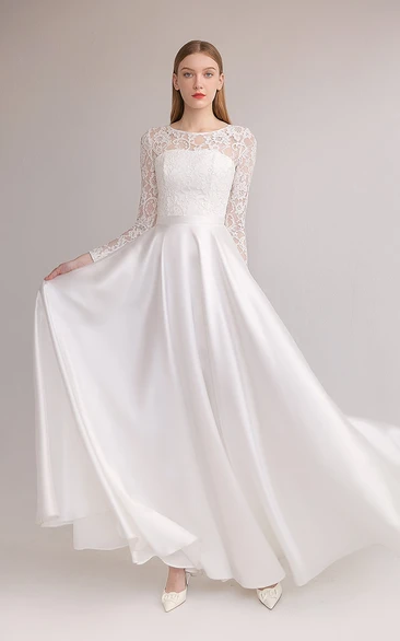 Modest Empire Long Sleeve Simple Satin Wedding Dress with Lace Top