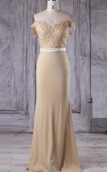 Off-the-shoulder Sheath Jersey Dress With Appliques And Illusion Split Back