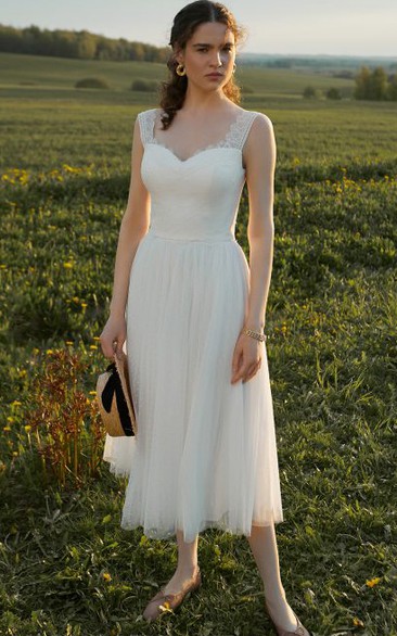 Ethereal A Line Lace Tulle Tea-length Sleeveless Button Wedding Dress with Pleats