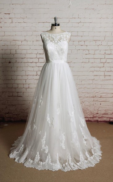 A-Line Sheer Back Sleeveless Jewel-Neckline Tulle Gown