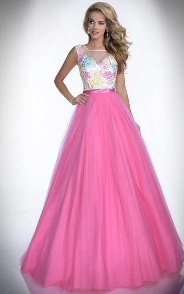 Embroidered-Bodice Bateau Neck A-Line Tulle Formal Dress