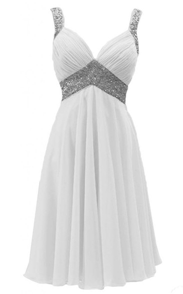 Ruched-Bodice Chiffon Sequined Sleeveless Midi-Length Dress