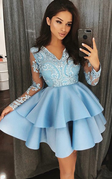 Long Sleeve A-line Short Mini V-neck Beading Lace Ruffles Tiers Satin Lace Homecoming Dress
