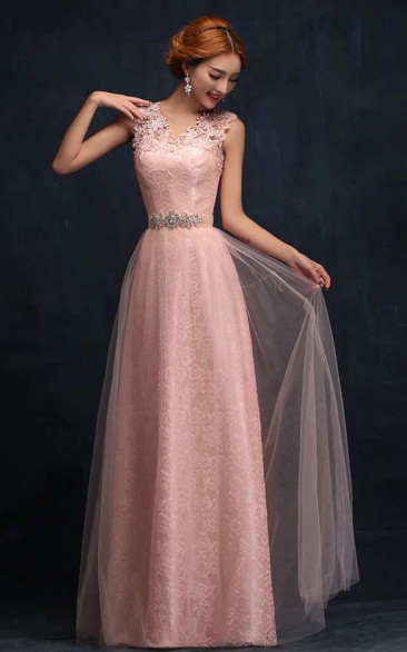 A-line Floor-length V-neck Sleeveless Tulle Dress with Appliques