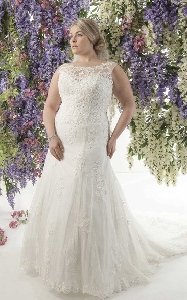Bateau Mermaid Lace Appliqued plus size wedding dress With Illusion And Sweep Train