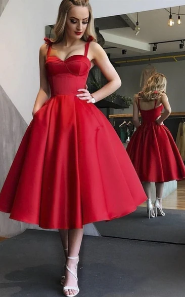 Vintage Sexy Sweetheart Tea-length Dress With Straps And Ruching