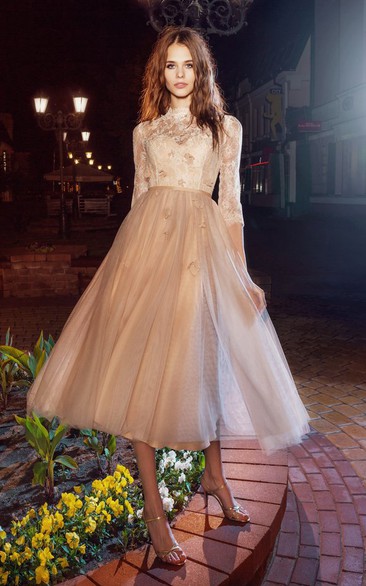 A-Line Floral Appliqued Tea-Length High-Neck Tulle Half-Sleeve Illusion Dress