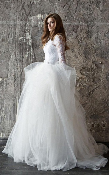 Bateau Lace Tulle Long Sleeve Ball Gown Wedding Dress With Keyhole